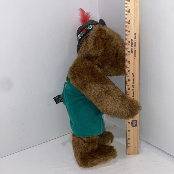 The Vermont Teddy Bear Co Vintage Plush Teddy Bear with Green Overalls - Picture 5 of 9